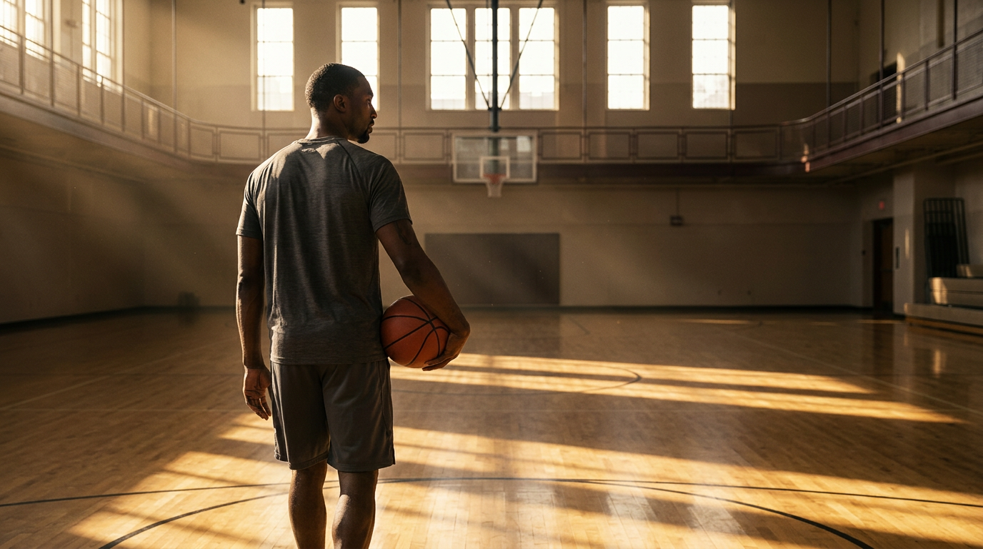 Ben Gordon walking onto an empty hardwood court at golden hour. Ben Gordon walking onto an empty hardwood court at golden hour.